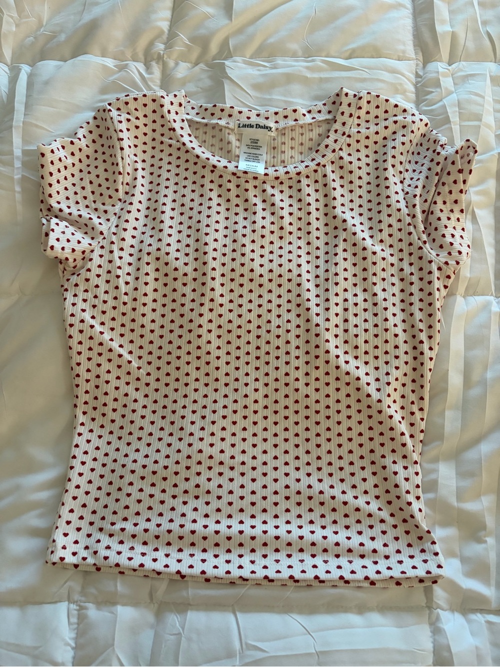 White Ribbed Tee with Red Heart Print